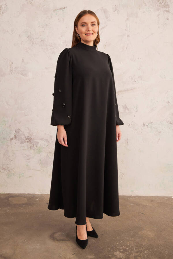 Siyah Balon Kol İşlemeli Abiye Elbise - 4