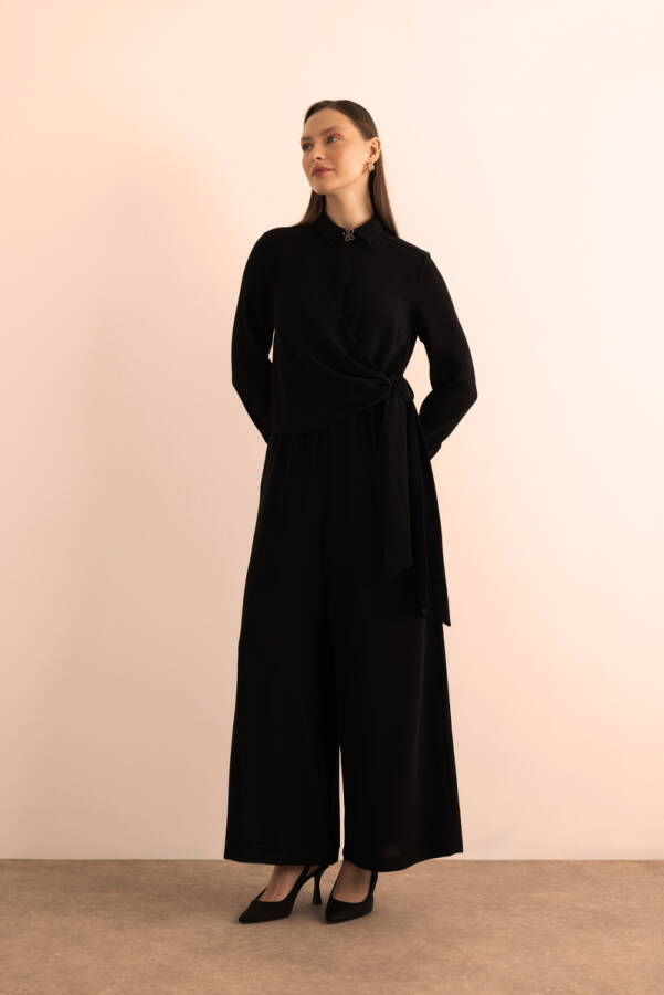 Siyah Belden Bağlama Detaylı Dokuma Tulum - 5