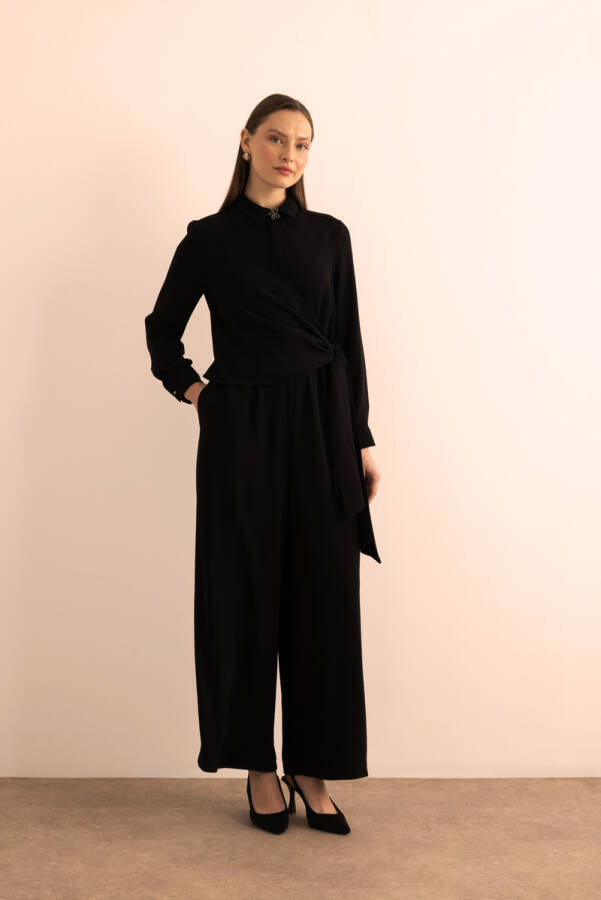 Siyah Belden Bağlama Detaylı Dokuma Tulum - 4