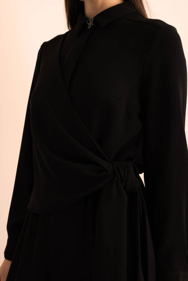 Siyah Belden Bağlama Detaylı Dokuma Tulum - 6