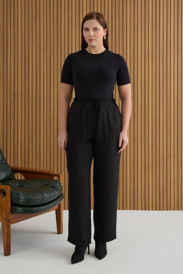 Siyah Beli Bağcıklı Tencel Pantolon - 2
