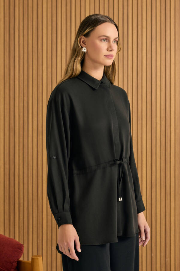 Siyah Beli Bağcıklı Tencel Tunik - 4
