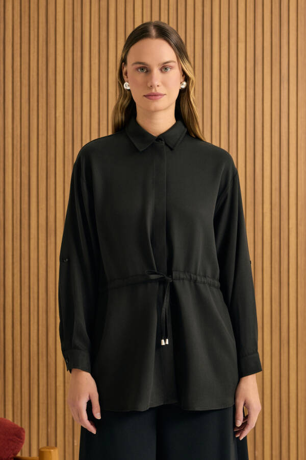 Siyah Beli Bağcıklı Tencel Tunik - Aker