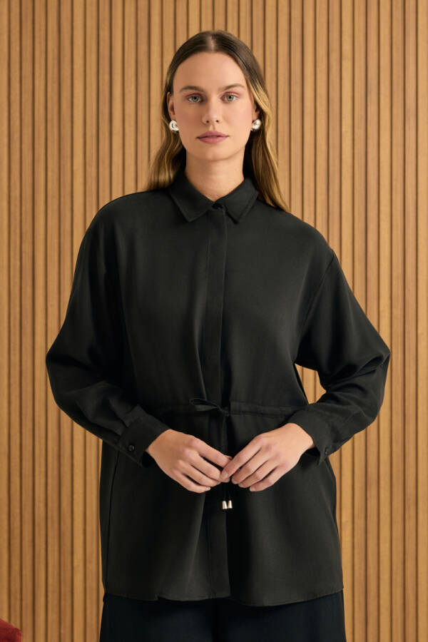 Siyah Beli Bağcıklı Tencel Tunik - 1