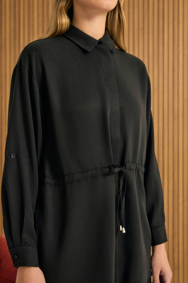 Siyah Beli Bağcıklı Tencel Tunik - 5