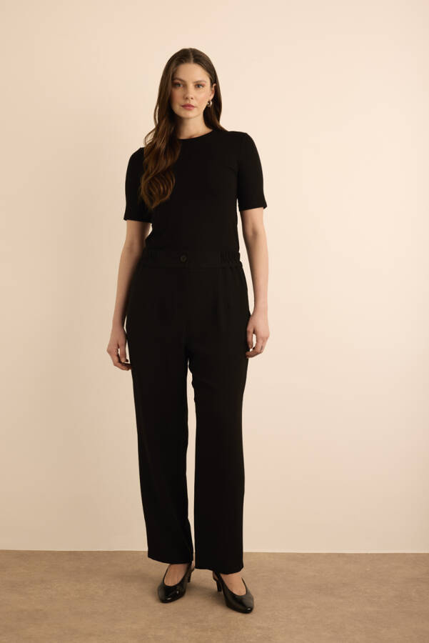 Siyah Beli Lastik Detaylı Krep Pantolon - Aker