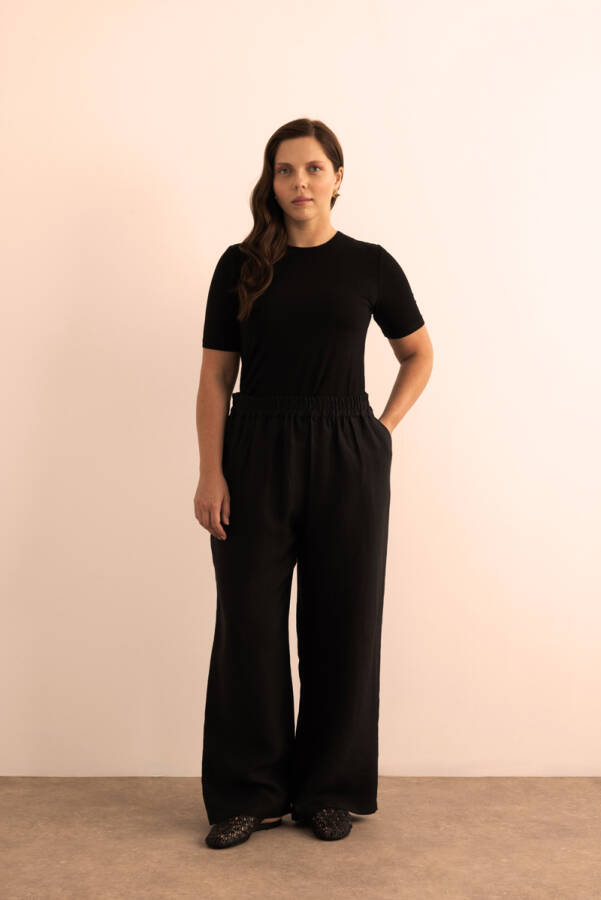 Siyah Beli Lastikli Bol Örme Pantolon - 2