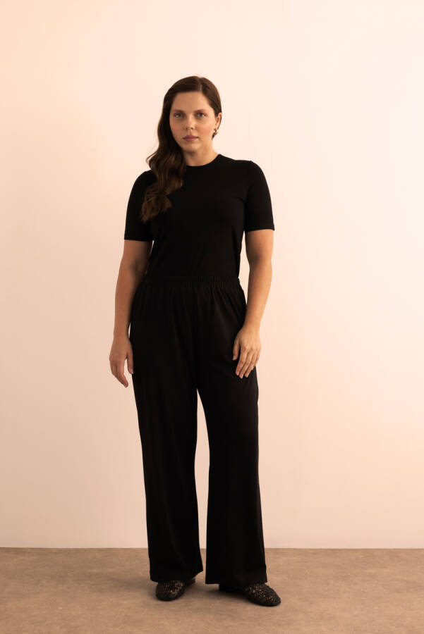 Siyah Beli Lastikli Bol Örme Pantolon - Aker