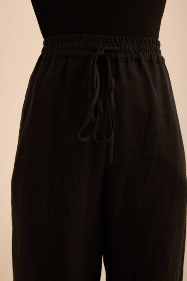 Siyah Beli Lastikli Keten Pantolon - 5