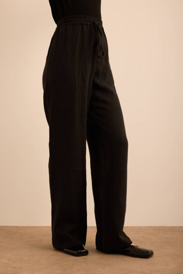 Siyah Beli Lastikli Keten Pantolon - 3