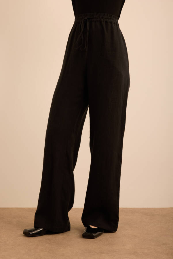 Siyah Beli Lastikli Keten Pantolon - 4