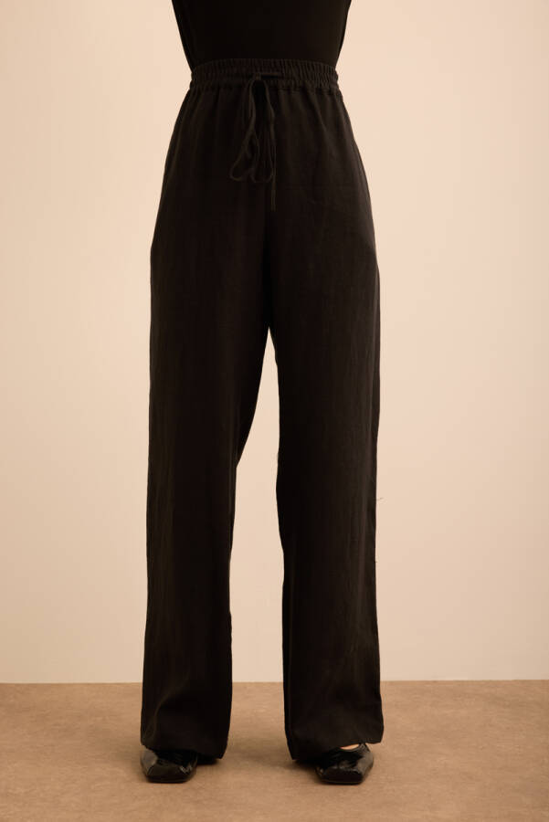 Siyah Beli Lastikli Keten Pantolon - 2