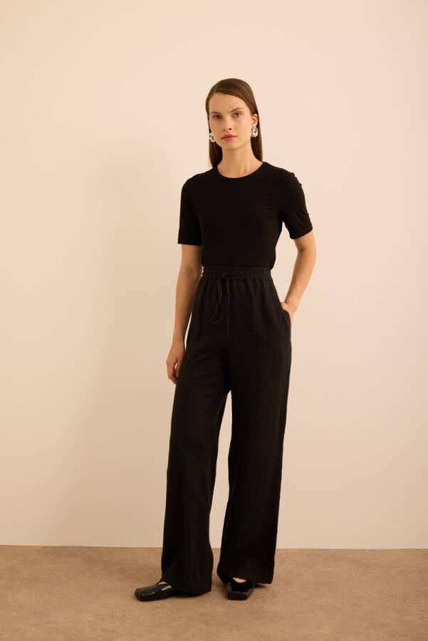 Siyah Beli Lastikli Keten Pantolon - 1