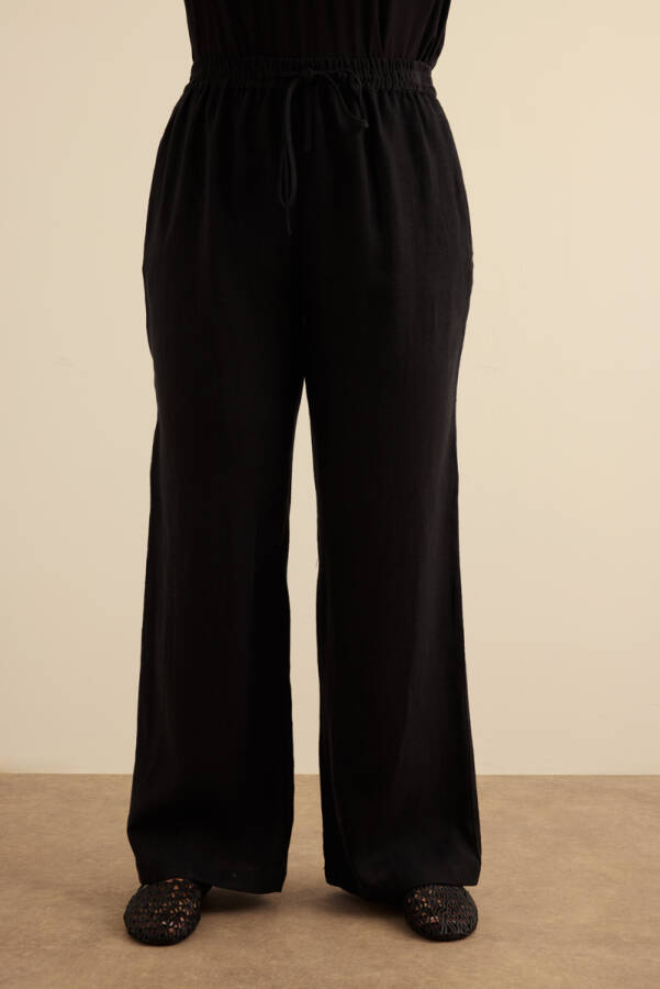 Siyah Beli Lastikli Keten Pantolon - Aker (1)