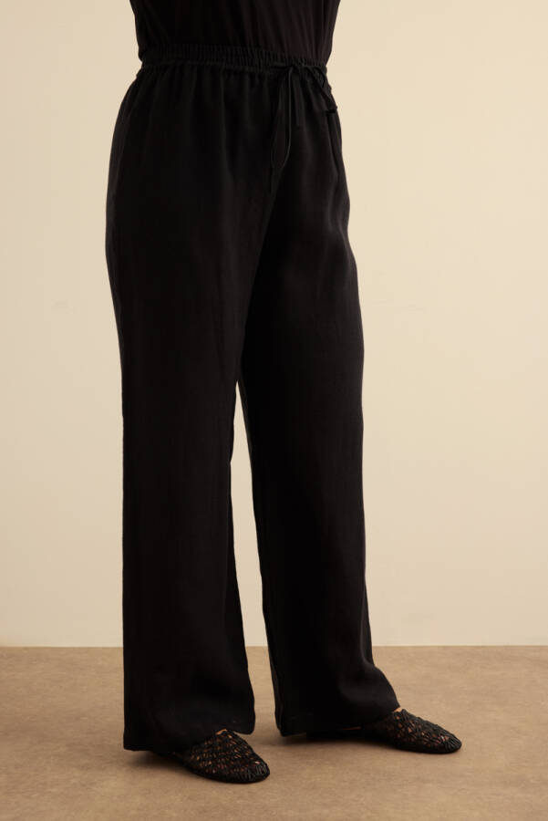 Siyah Beli Lastikli Keten Pantolon - 3