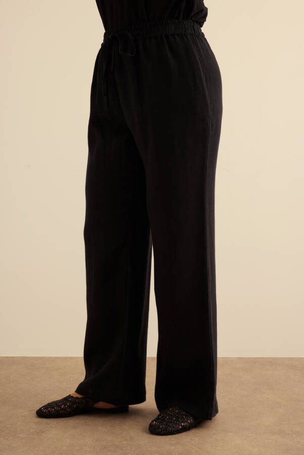 Siyah Beli Lastikli Keten Pantolon - 4
