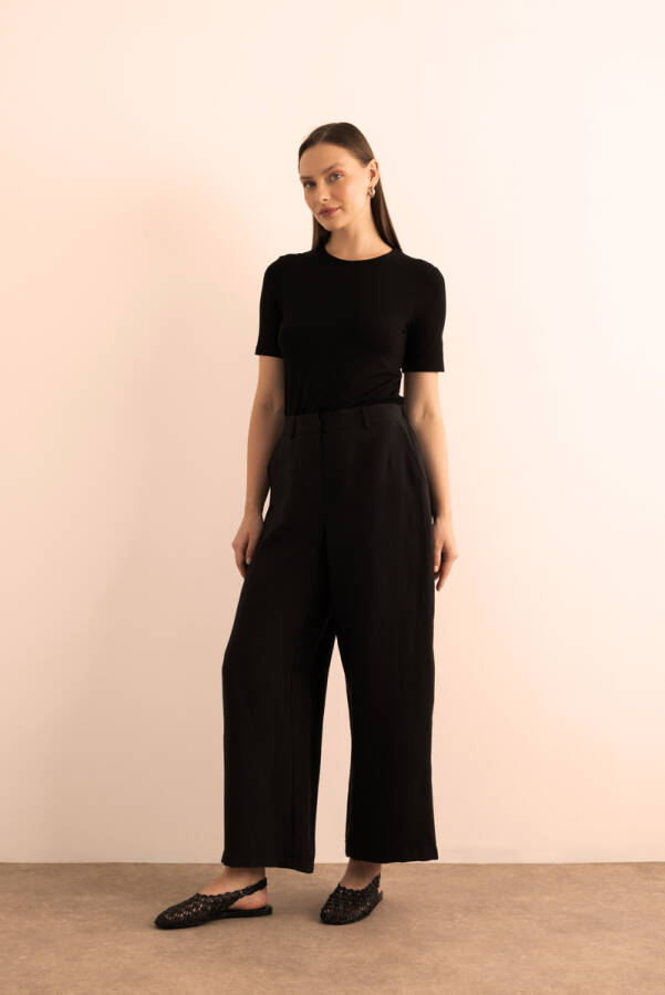Siyah Beli Lastikli Keten Pantolon - Aker