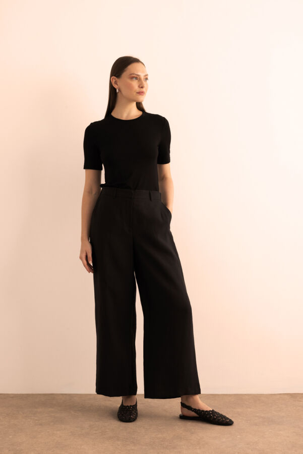 Siyah Beli Lastikli Keten Pantolon - 2