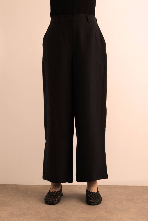 Siyah Beli Lastikli Keten Pantolon - 3