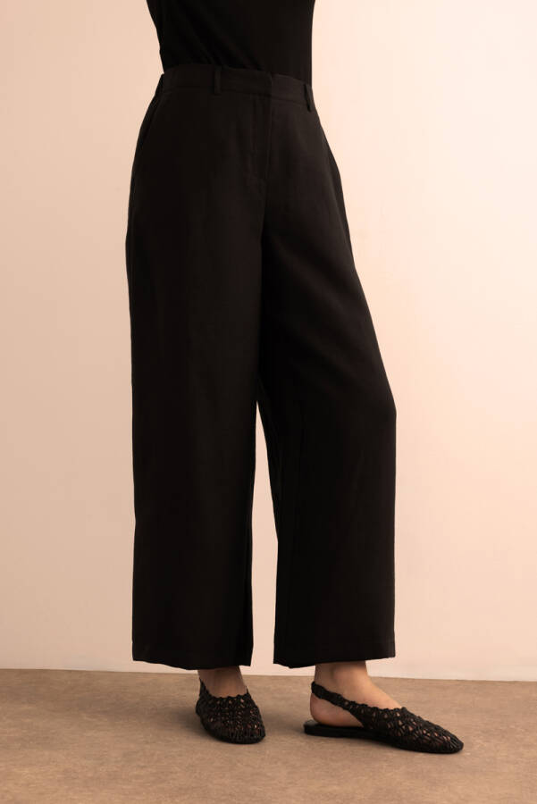 Siyah Beli Lastikli Keten Pantolon - 4