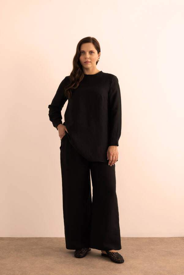 Siyah Beli Lastikli Keten Tencel Pantolon - Aker