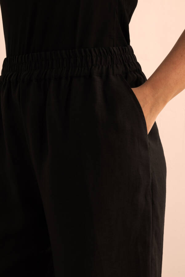 Siyah Beli Lastikli Keten Tencel Pantolon - 4