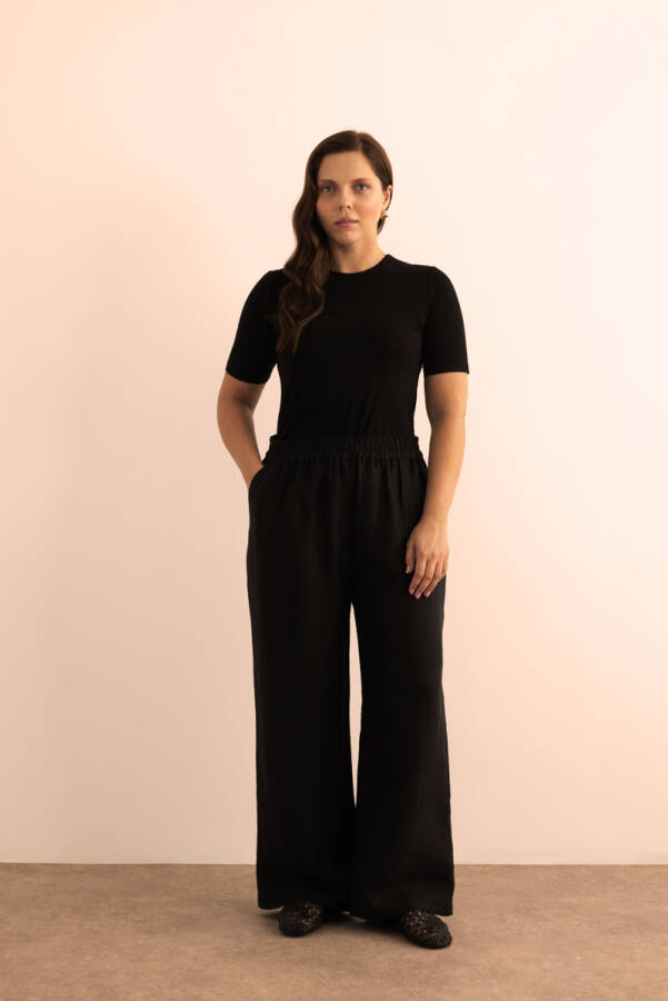 Siyah Beli Lastikli Keten Tencel Pantolon - 2