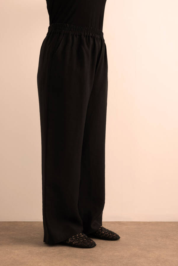 Siyah Beli Lastikli Keten Tencel Pantolon - 6