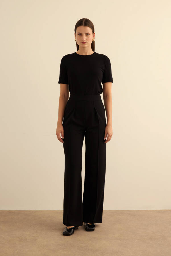 Siyah Beli Lastikli Krep Örme Pantolon - Aker