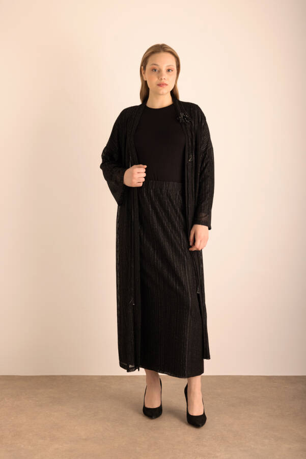 Siyah Beli Lastikli Örme Simli Tül Etek - Aker