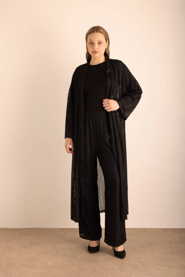 Siyah Beli Lastikli Örme Simli Tül Pantolon - 1