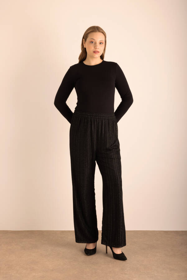 Siyah Beli Lastikli Örme Simli Tül Pantolon - 2