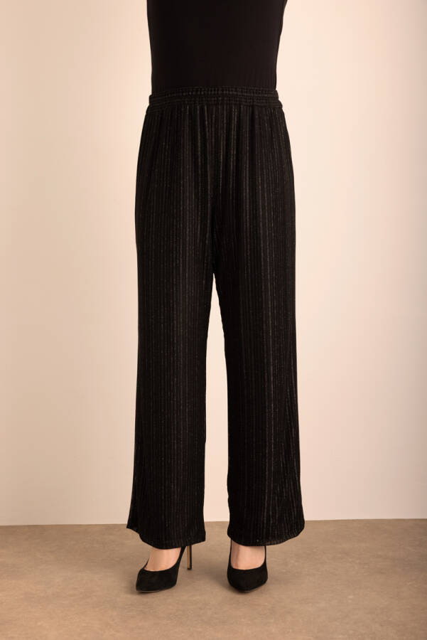 Siyah Beli Lastikli Örme Simli Tül Pantolon - 3