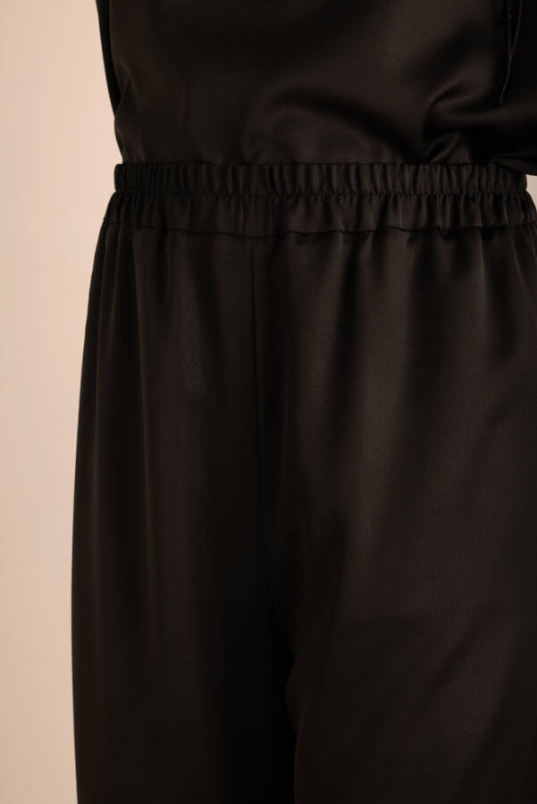 Siyah Beli Lastikli Varak Dokuma Kumaş Pantolon - 4