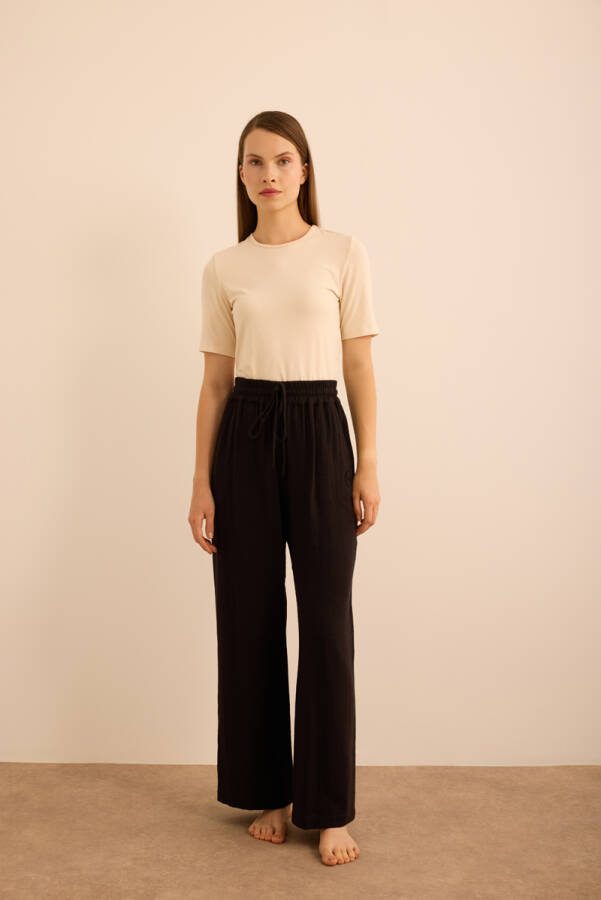 Siyah Beli Lastikli Viscon Cotton Pijama Altı - Aker