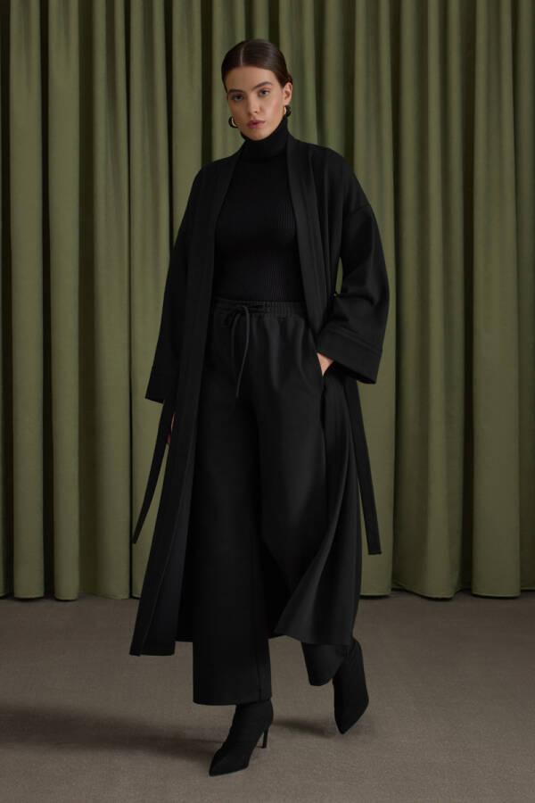 Siyah Beli Lastikli Viscon Örme Pantolon - Aker