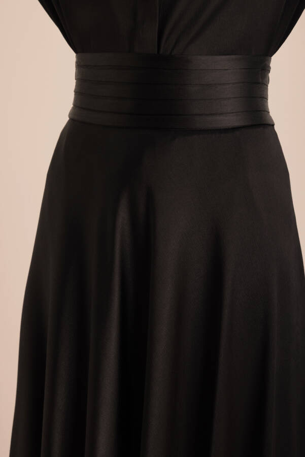 Siyah Beli Pile Detaylı Saten Etek - 2