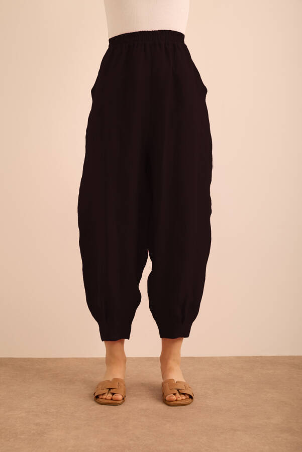 Siyah Beli ve Paçası Lastikli Balon Form Keten Pantolon - 3