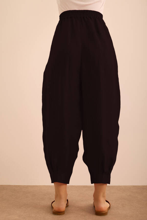 Siyah Beli ve Paçası Lastikli Balon Form Keten Pantolon - 7