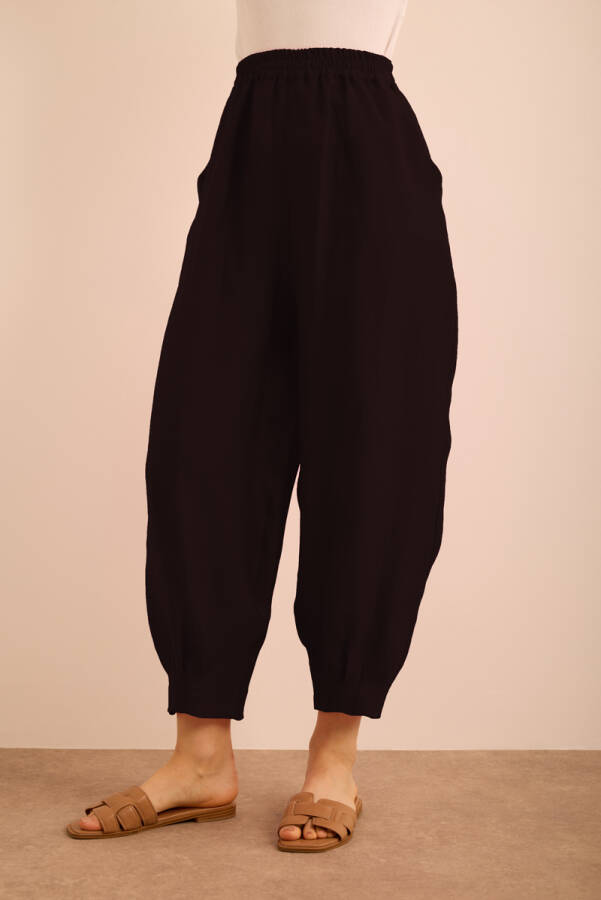 Siyah Beli ve Paçası Lastikli Balon Form Keten Pantolon - 4