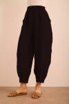 Siyah Beli ve Paçası Lastikli Balon Form Keten Pantolon - 4