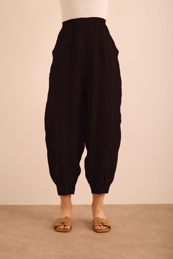 Siyah Beli ve Paçası Lastikli Balon Form Keten Pantolon - 3