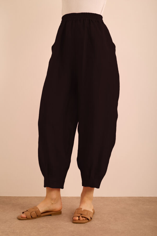 Siyah Beli ve Paçası Lastikli Balon Form Keten Pantolon - 4