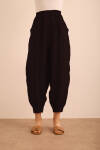 Siyah Beli ve Paçası Lastikli Balon Form Keten Pantolon - 3