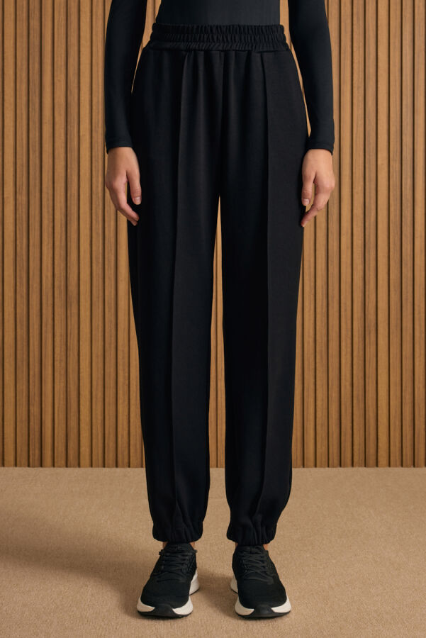 Siyah Beli ve Paçası Lastikli Viscon Örme Pantolon - 2