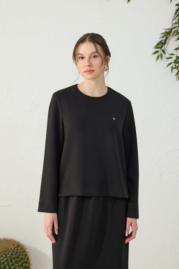 Siyah Bisiklet Yaka Örme Bluz - 2