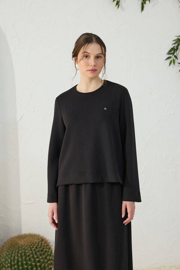 Siyah Bisiklet Yaka Örme Bluz - 3