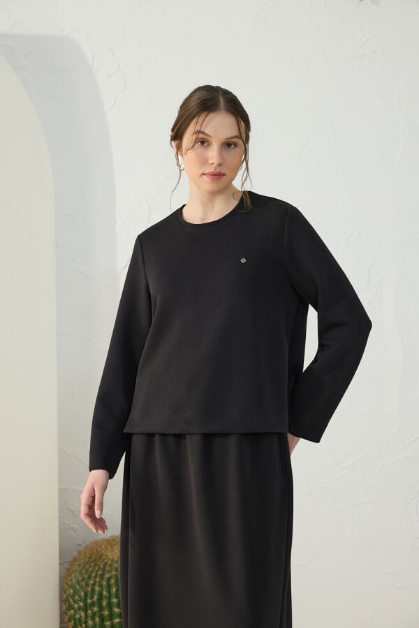 Siyah Bisiklet Yaka Örme Bluz - 4