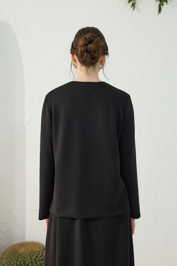 Siyah Bisiklet Yaka Örme Bluz - 6
