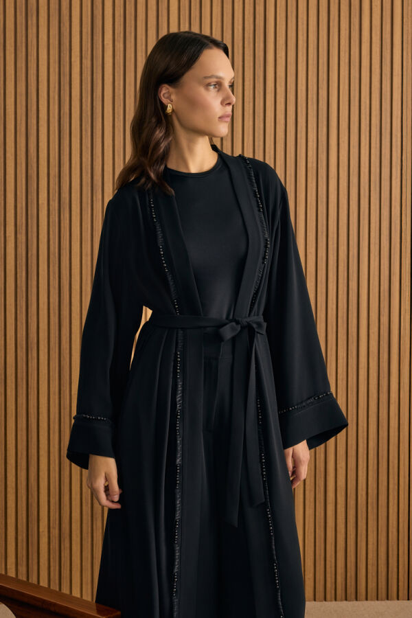Siyah Boncuk ve İp İşlemeli Kimono - 3